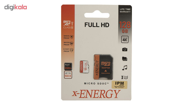 کارت حافظه‌ microSDXC اکس-انرژی مدل IPM کلاس 10 استاندارد U3 سرعت 80MBps همراه با آداپتور SD ظرفیت 128 گیگابایت