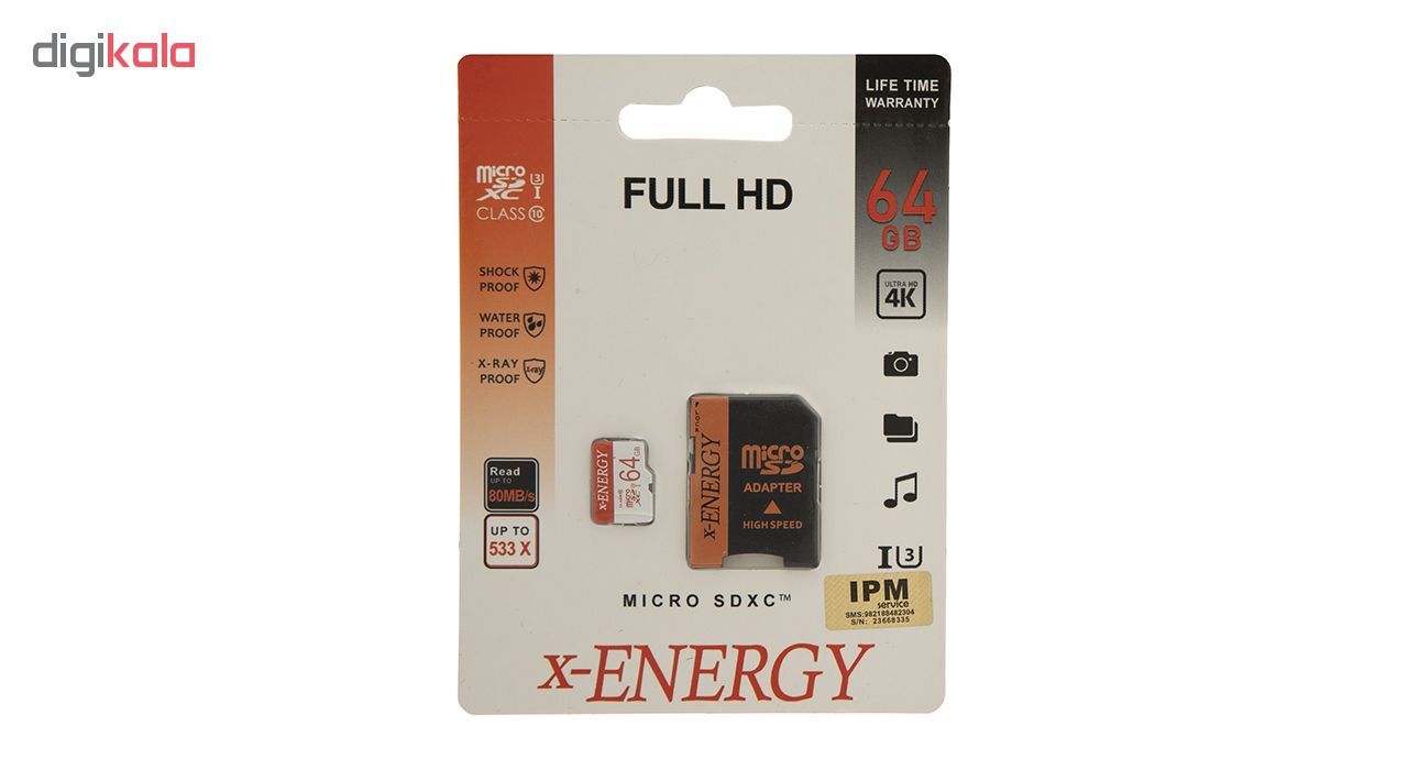 خرید کارت حافظه microSDXC اکس-انرژی مدل IPM کلاس 10 استاندارد U3 سرعت 80MBps همراه با آداپتور SD ظرفیت 64 گیگابایت با قیمت مناسب