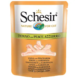 پوچ گربه شسیر مدل Pouch Tuna With Sardines-15886 با طعم ماهی تن و ماهی ساردین وزن 70 گرم