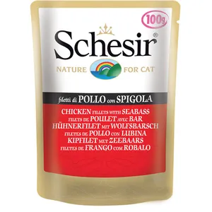 پوچ گربه شسیر مدل Pouch Chicken Fillets With Sea Bass-51092 با طعم فیله مرغ و ماهی بس وزن 100 گرم