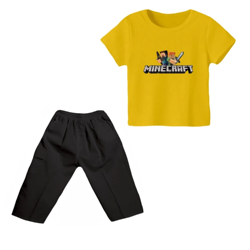 ست تی شرت و شلوارک پسرانه مدل ماینکرفت کد 2 رنگ زرد