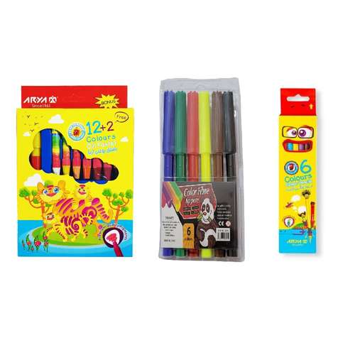 مداد رنگی 6 رنگ آریا کد 7 به همراه ماژیک رنگ آمیزی و پاستل
