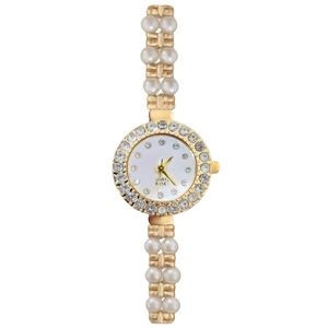 ساعت مچی عقربه‌ای کوارتز زنانه مدل لوکس بند دستبندی مرواریدی قاب دور نگین کد ۱.۵