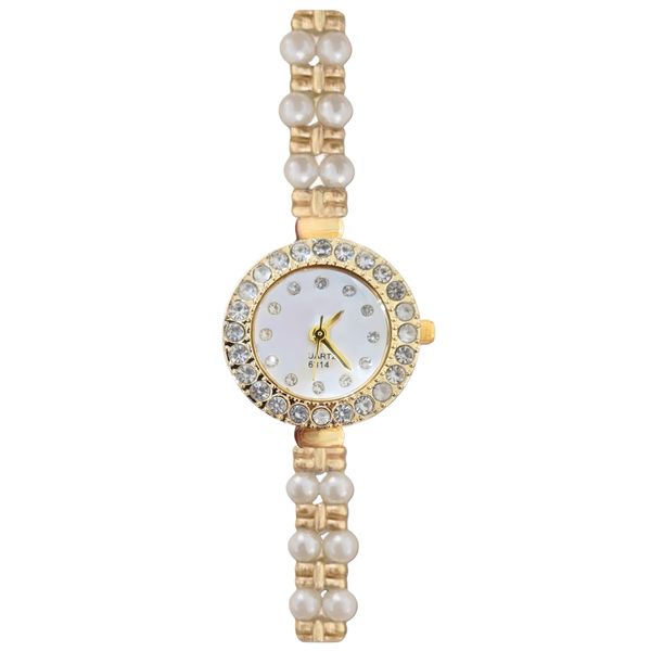 ساعت مچی عقربه‌ای کوارتز زنانه مدل لوکس بند دستبندی مرواریدی قاب دور نگین کد ۱.۵
