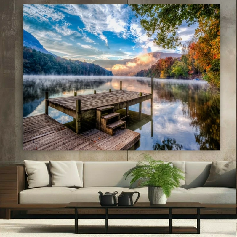 تابلو بوم طرح مخمل اسکله مدل دریاچه پاییزی کد N136