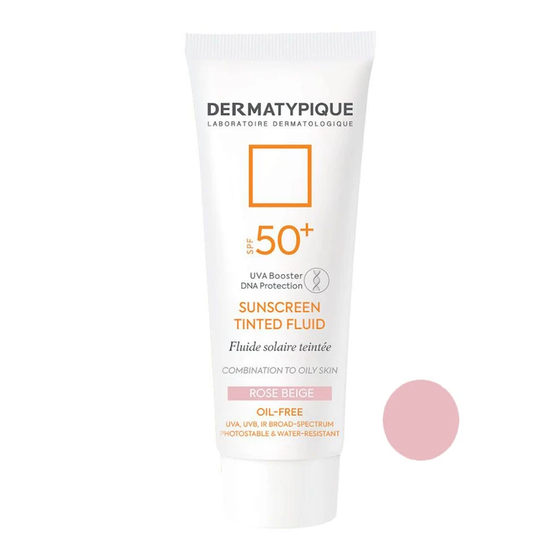 فلوئید ضدآفتاب رنگی درماتیپیک، 50 SPF، مدل TINTED FLUID، مناسب پوست مختلط تا چرب تنالیته رنگ خیلی روشن و حجم 50 میلی‌لیتر، محافظت کننده در برابر اشعه UVA، UVB، IR، ضد آب، فاقد چربی، محافظ DNA سلولی، تنظیم کننده چربی و ضد پیری پوست، با ماندگاری 2 ساعته