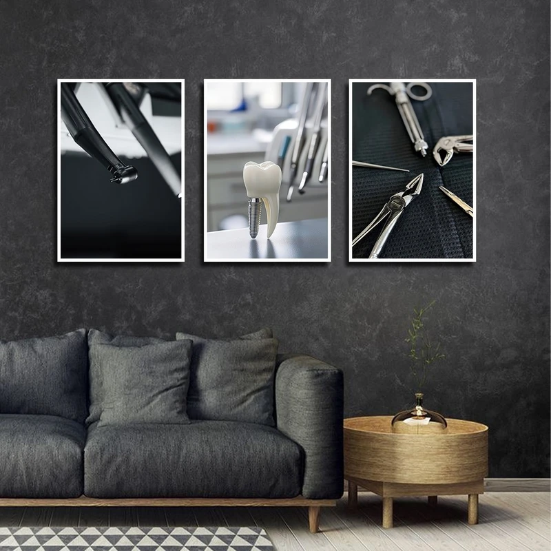 تابلو بکلیت طرح دندان و ابزار دندانپزشکی مدل W-3901 فریم سفید مجموعه 3 عددی