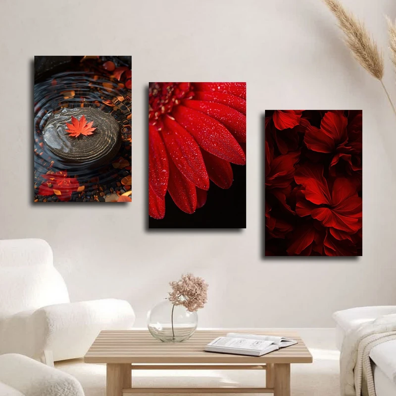 تابلو شاسی بکلیت طرح برگ پاییزی و گل قرمز مدل SH-3059 مجموعه 3 عددی