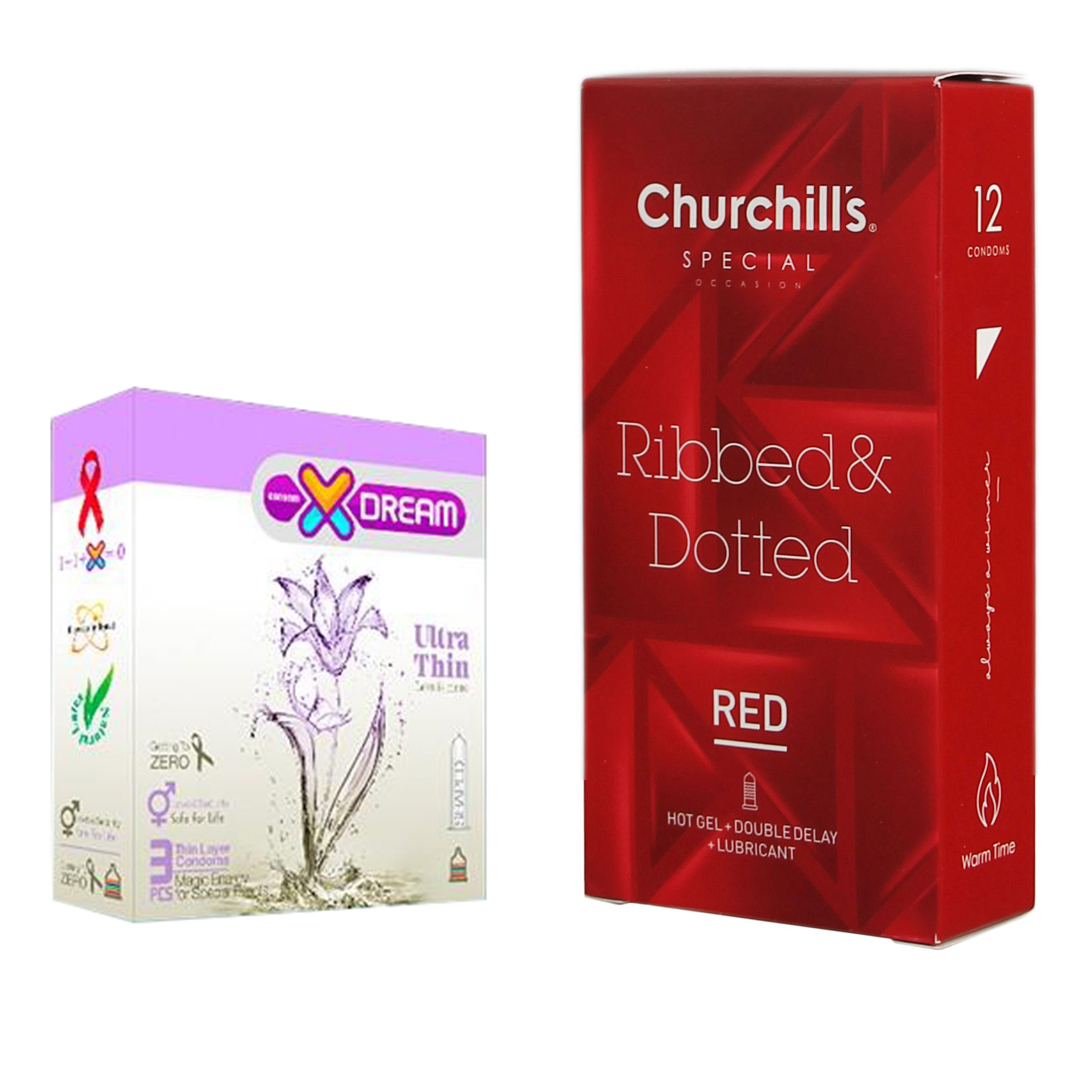 کاندوم چرچیلز مدل Hot Gel بسته 12 عددی به همراه کاندوم ایکس دریم مدل Ultra Thin بسته 3 عددی