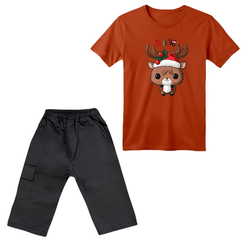 ست تی‌شرت آستین کوتاه و شلوارک پسرانه مدل گوزن کریسمس کد 5