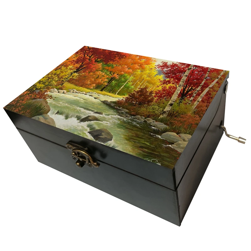 جعبه موزیکال مدل هندلی طرح درخت رودخانه منظره پاییز کد T1082