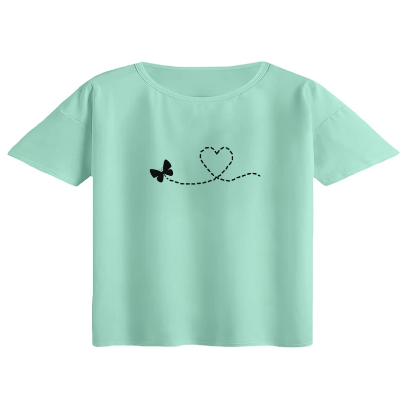 کراپ تی‌شرت آستین کوتاه زنانه مدل پروانه و قلب خطی