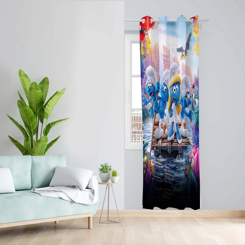 پرده طرح کارتون اسمورف ها مدل مخمل پانچی کد 5307 z سایز 140x200 سانتی متر
