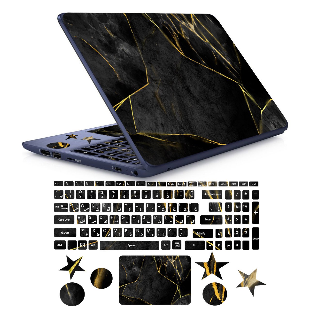 تصویر استیکر لپ تاپ راتیانا مدل black golden marble 04 مناسب برای لپ تاپ 15 تا 17 اینچ به همراه برچسب حروف فارسی کیبورد