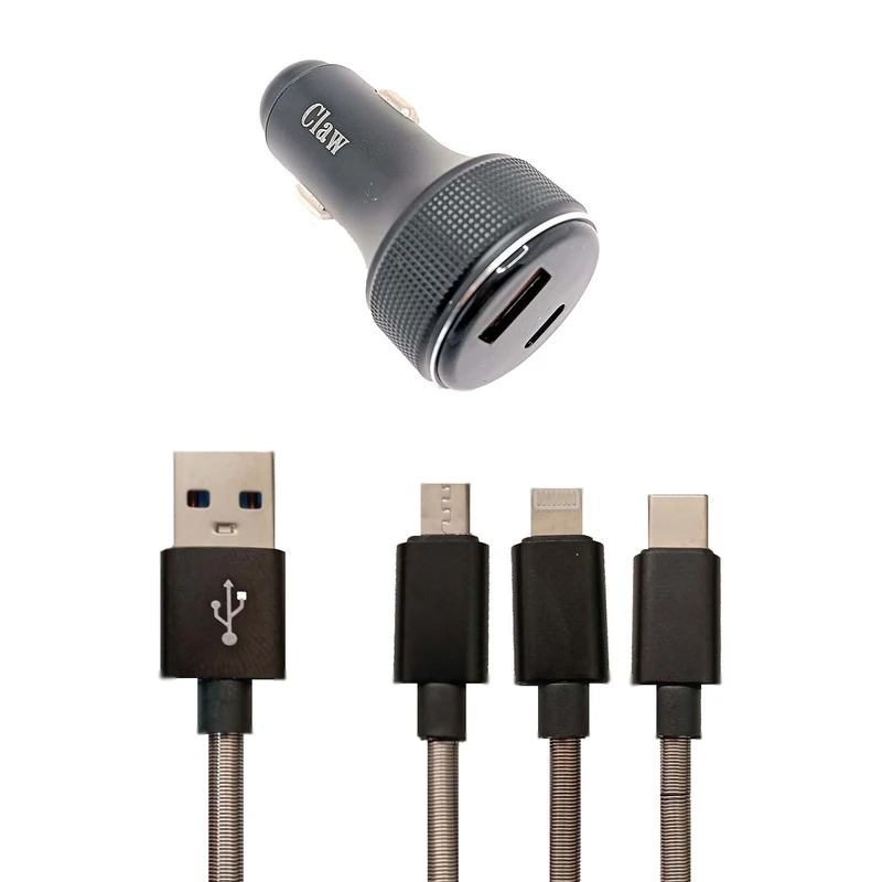 شارژر فندکی 5 وات 2 پورت کلاو مدل U856 به همراه کابل USB به micro USB / USB-C / لایتنینگ