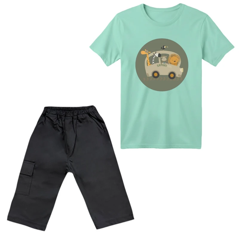 ست تی‌شرت آستین کوتاه و شلوارک پسرانه مدل ماشین حیوانات
