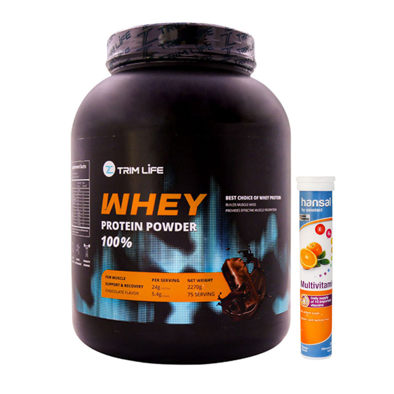 پودر پروتئین وی 100 درصد تریم لایف 2270 گرم به همراه قرص جوشان مولتی ویتامین هانسل 20 عددی