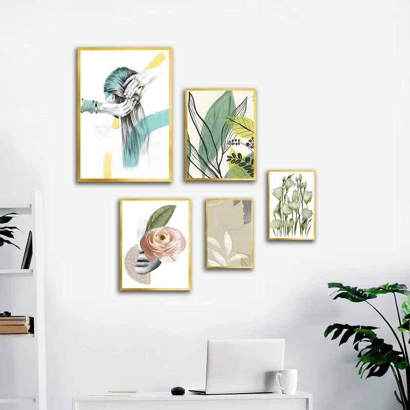 تابلو ساده بکلیت طرح نقاشی آبرنگ گل و برگ مدل شاین اکلیلی T-2701 فریم طلایی مجموعه 5 عددی