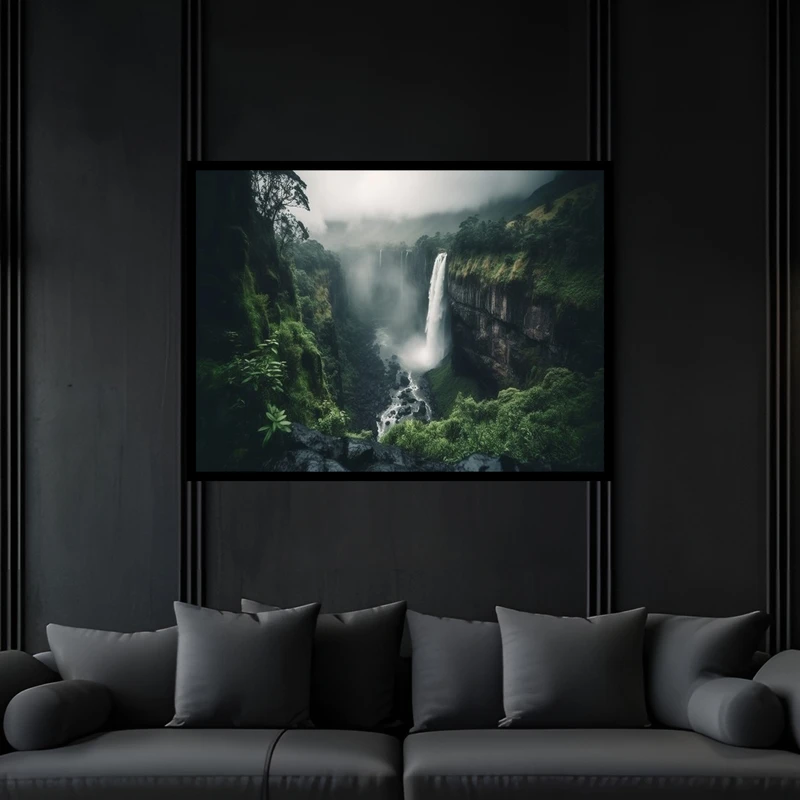 تابلو بکلیت طرح منظره طبیعت جنگل و آبشار مدل B-bu6692 فریم مشکی