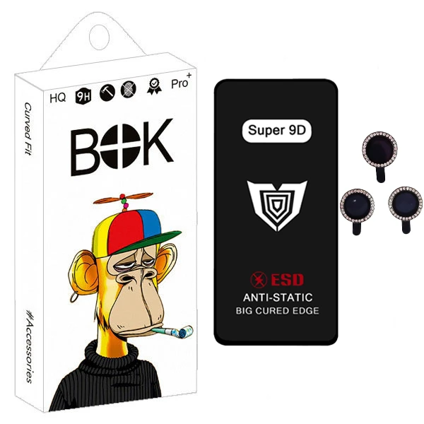محافظ صفحه نمایش بوک مدل Super 9D Pro RN9 مناسب برای گوشی موبایل اپل iphone 15 pro max به همراه محافظ لنز دوربین رینگی نگین دار