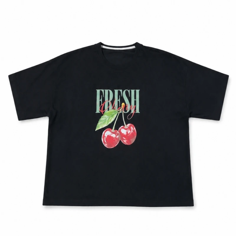 تی شرت لانگ زنانه پنبه طرح میوه‌ای آستین سه ربع مدل Fresh Cherry