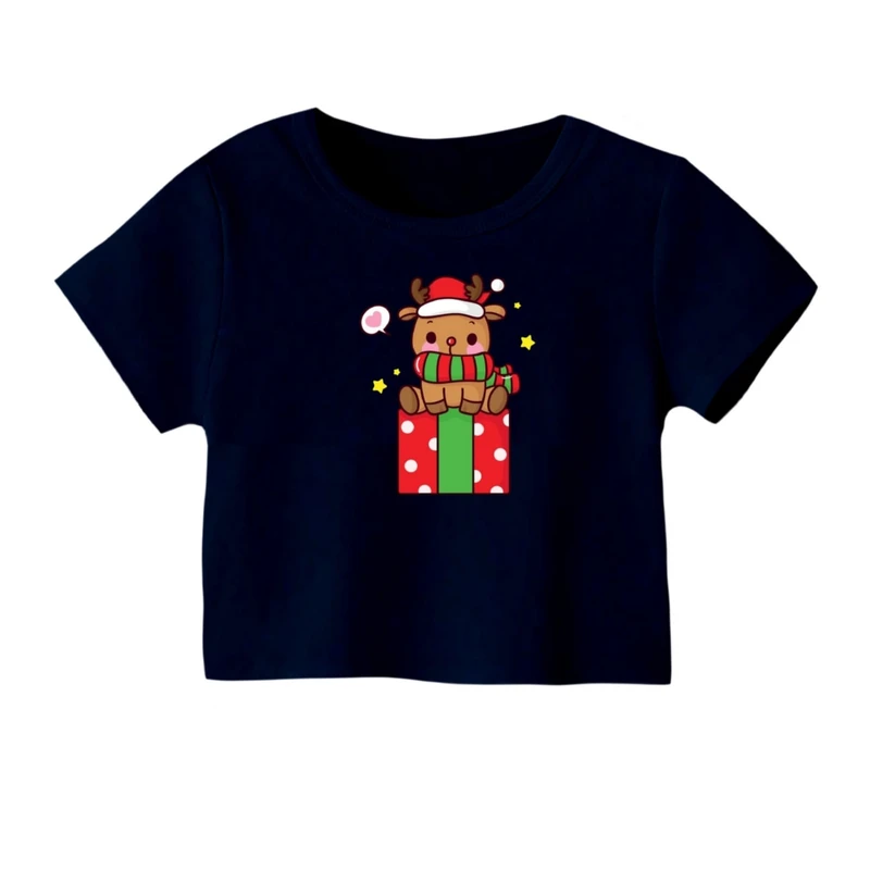 کراپ‌ تی‌شرت آستین کوتاه زنانه مدل گوزن کریسمس کد 18
