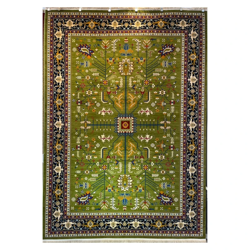 فرش ماشینی 700 شانه زمینه سبز حاشیه سرمه ای مدل آکرولیک قشقایی کد 125 تراکم 2100