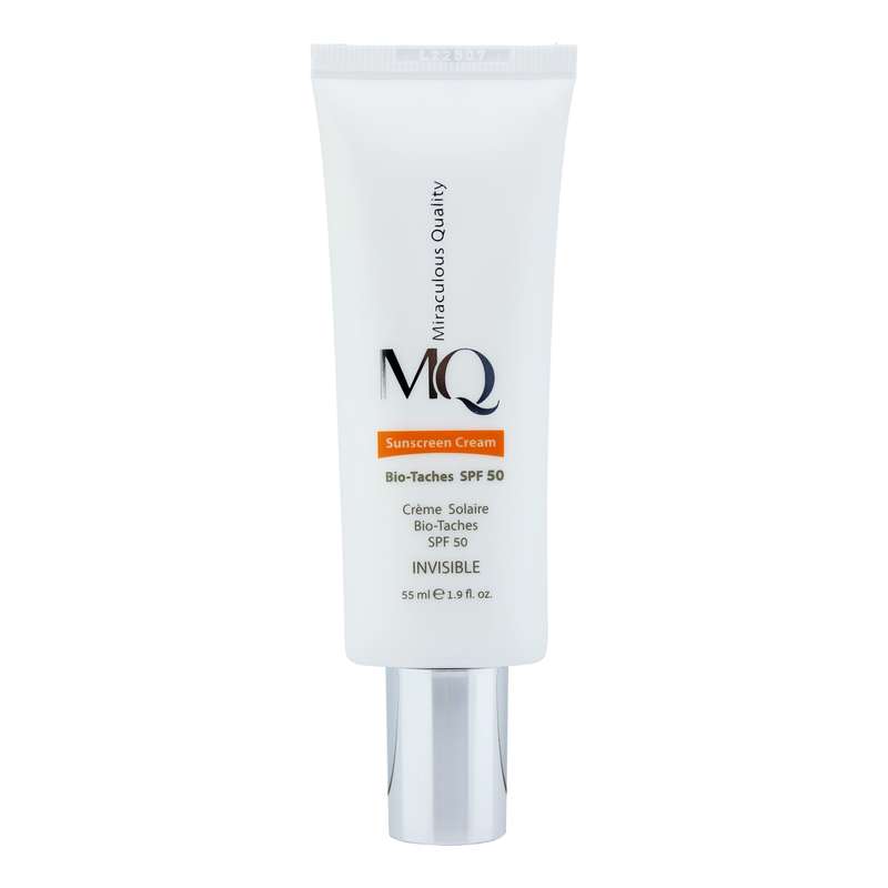 کرم ضد آفتاب بدون رنگ ام کیو SPF50 مدل BIO TACHES محافظ UVA ،UVB، ضد لک، روشن‌کننده، مرطوب‌کننده مناسب انواع پوست حجم 55 میلی‌لیتر