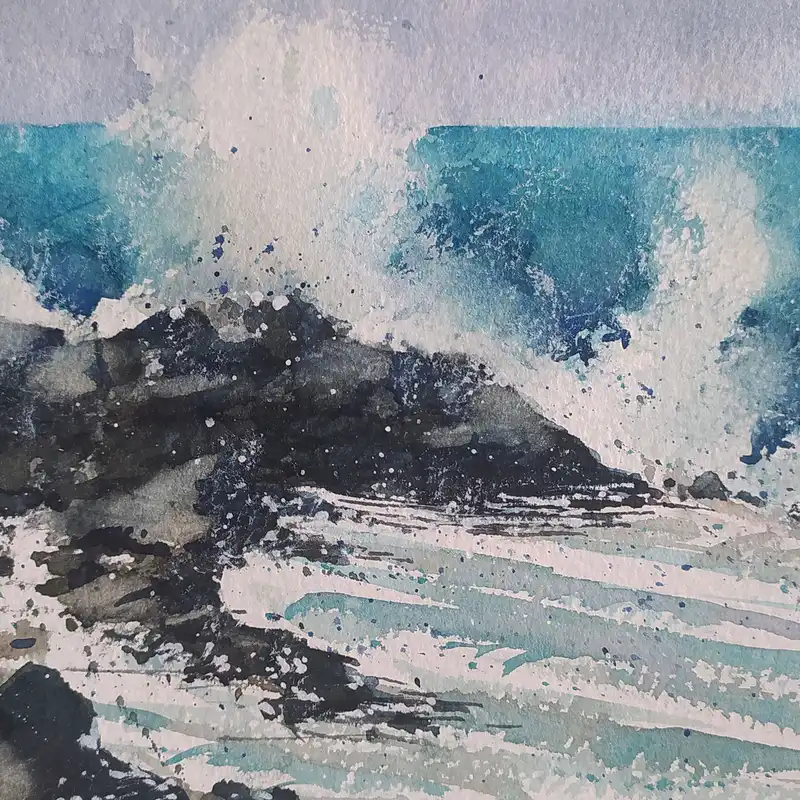 نقاشی آبرنگ طرح ساحل مواج کد 104