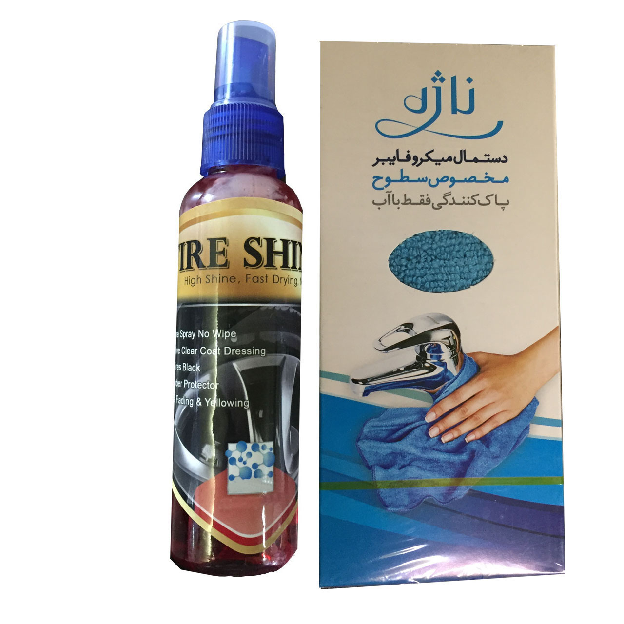 اسپری واکس لاستیک خودرو مدل NP111 حجم 120 میلی لیتر به همراه دستمال