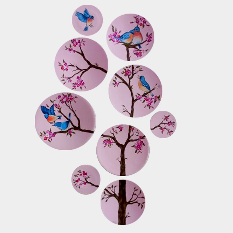 بشقاب دیوارکوب سفالی طرح درخت و پرنده مدل Y-04 مجموعه 9 عددی
