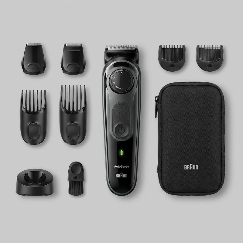 ماشین اصلاح صورت و بدن شارژی براون مدل BT7350 ضدآب با فناوری AutoSense، تیغه‌های خودتیزشونده استیل ضدزنگ، باتری لیتیوم‌یون با 100 دقیقه کارکرد، شارژ سریع و تنظیم اصلاح با 39 شماره نیم‌میلی‌متری