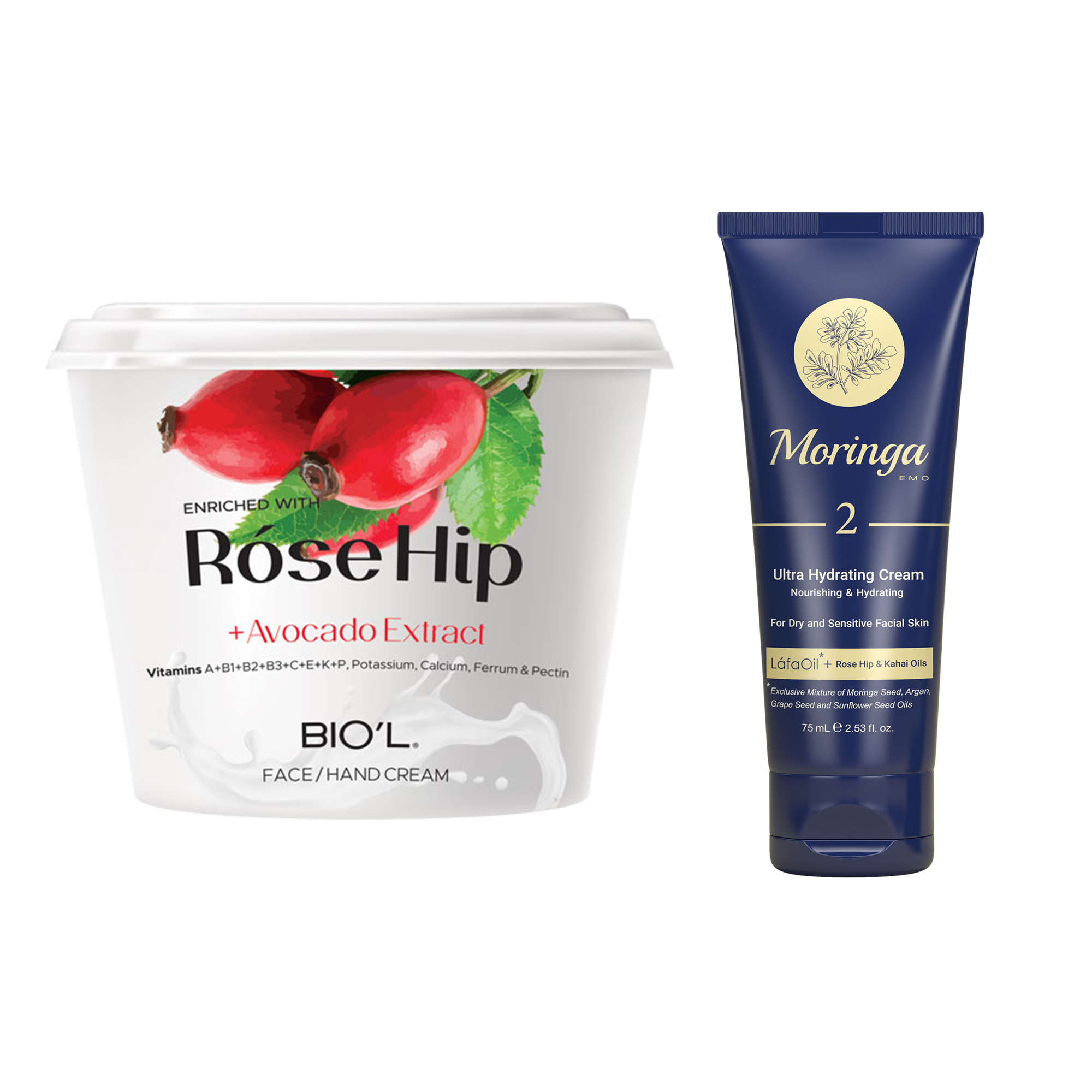 کرم آبرسان مورینگا امو کد 2 حجم 75 میلی لیتر به همراه کرم مرطوب کننده بیول مدل Rose Hip حجم 250 میلی لیتر