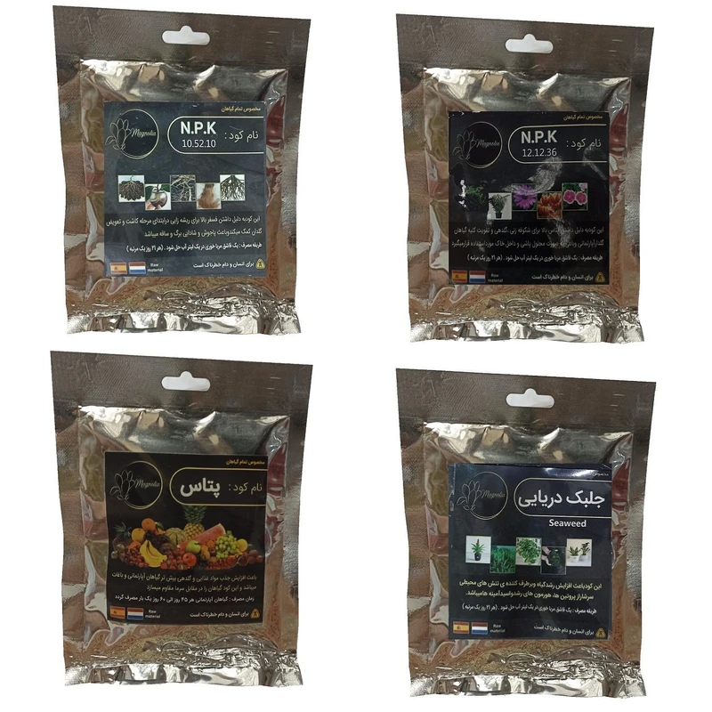 کود فسفر ریشه زایی 10-52-10 وگلدهی 36-12-12 و جلبک دریایی و پتاس مدل raw material وزن 200 گرم بسته 4 عددی