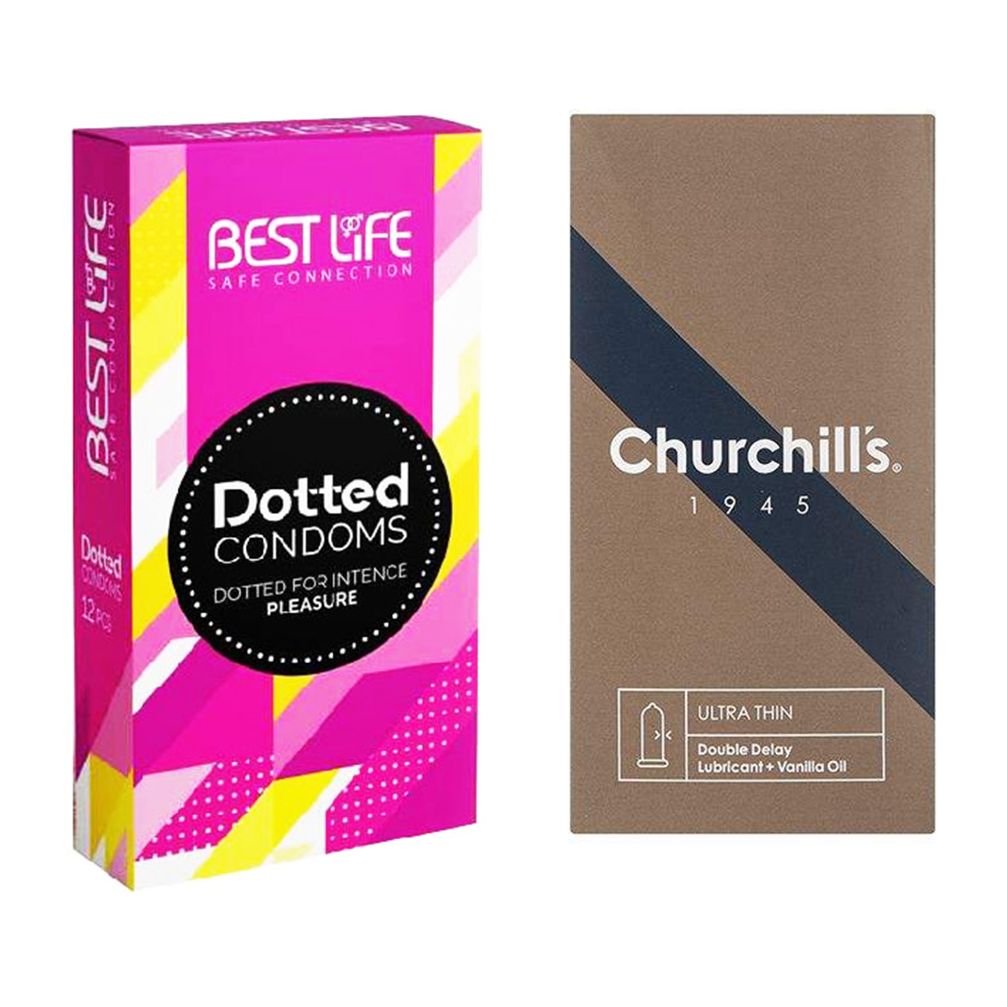 کاندوم چرچیلز مدل Ultra Thin Double Delay بسته 12 عددی به همراه کاندوم بست لایف مدل Dotted بسته 12 عددی