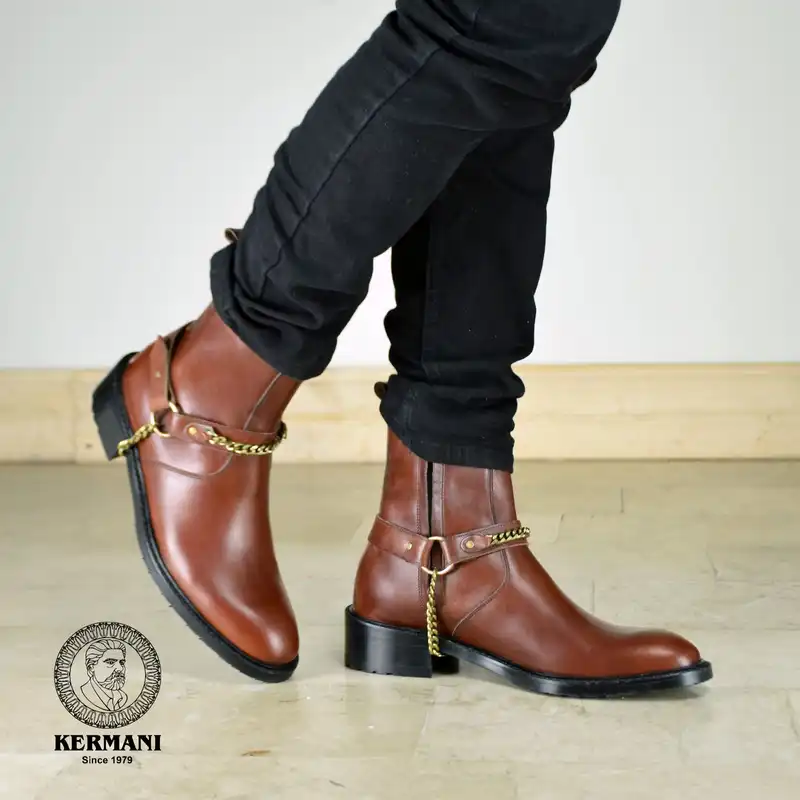 نیم بوت مردانه کرمانی مدل چرم دستدوز طبیعی کد 653 رنگ قهوه ای
