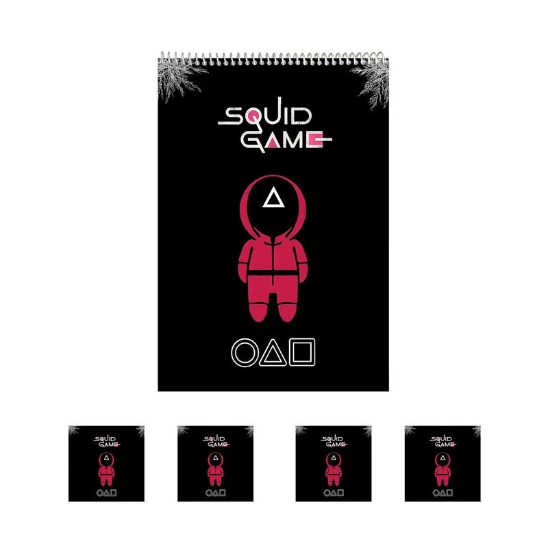 دفتر نقاشی 50 برگ مدل Squid Game کد A4 به همراه برچسب مجموعه 5 عددی