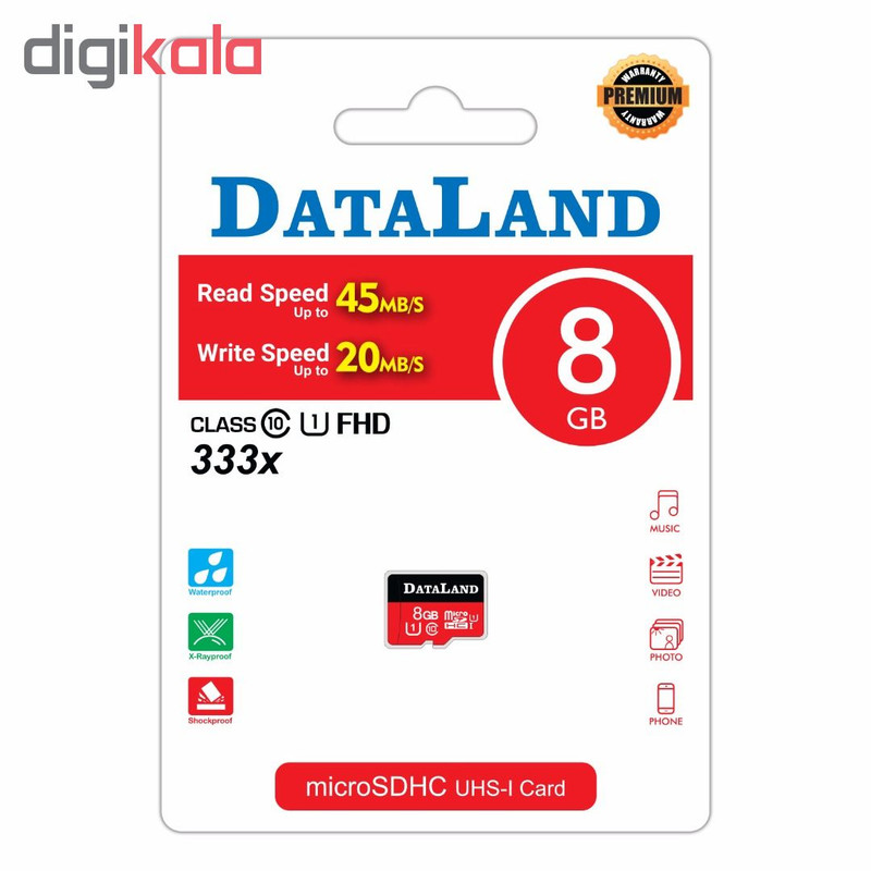 کارت حافظه microSDHC دیتالند مدل 333x کلاس 10 استاندارد UHS-I U1 سرعت 45MBps ظرفیت 8 گیگابایت