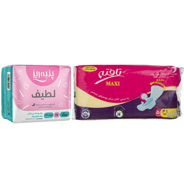 نوار بهداشتی پنبه ریز مدل Normal بسته 10 عددی به همراه نوار بهداشتی تافته مدل Maxi سایز XXXL بسته 5 عددی