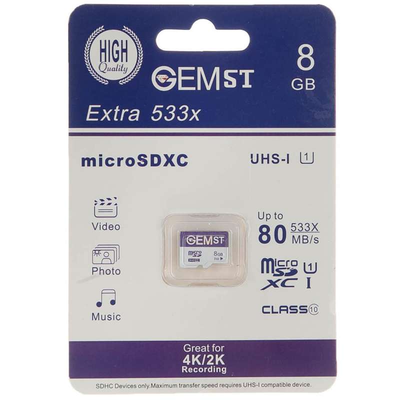 کارت حافظه microSDXC جم اس تی مدل Extra 533x کلاس 10 استاندارد UHS-I سرعت 80MBps ظرفیت 8 گیگابایت کارت حافظه microSDXC جم اس تی مدل Extra 533x کلاس 10 استاندارد UHS-I سرعت 80MBps ظرفیت 8 گیگابایت
