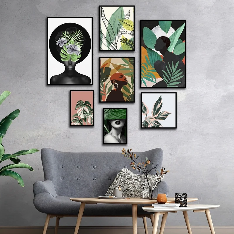 تابلو ساده بکلیت طرح چهره آفریقایی و برگ سبز مدل شاین اکلیلی B-2710 فریم مشکی مجموعه 7 عددی