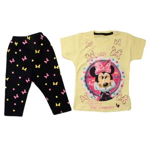 ست تی شرت و شلوار دخترانه مدل میکی موس رنگ لیمویی