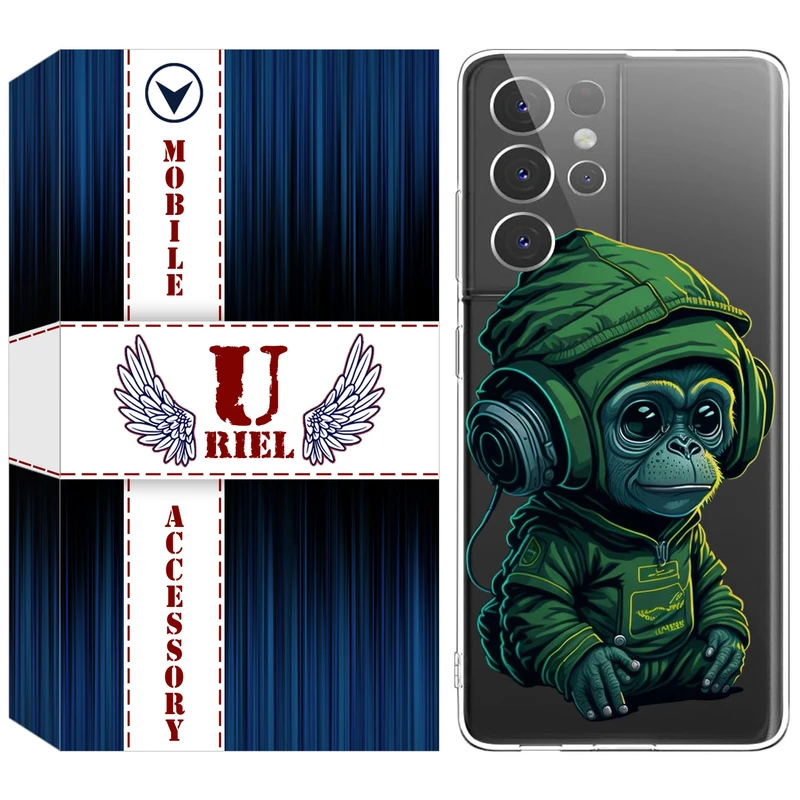 کاور یوریل قاب مدل Clear کد 45 طرح میمون سبز مناسب برای گوشی موبایل سامسونگ Galaxy S21 Ultra