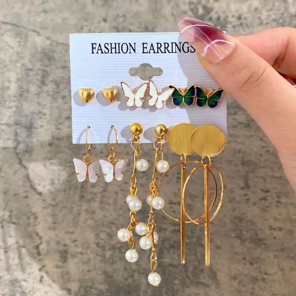 گوشواره زنانه مدل پروانه و آویز مجموعه 6 عددی