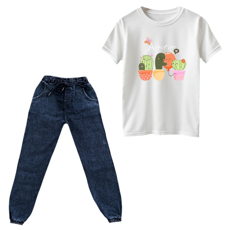 ست تی‌شرت و شلوار دخترانه مدل کاکتوس ۲ رنگ سفید