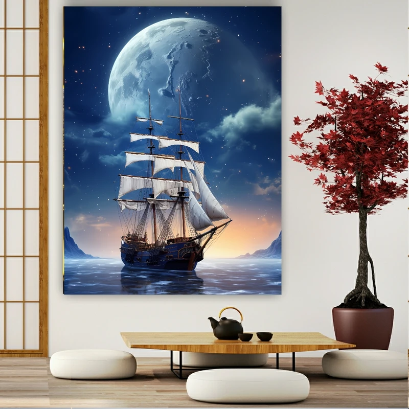 تابلو بوم طرح مخمل کشتی روی دریا مدل مهتاب کد GR1264