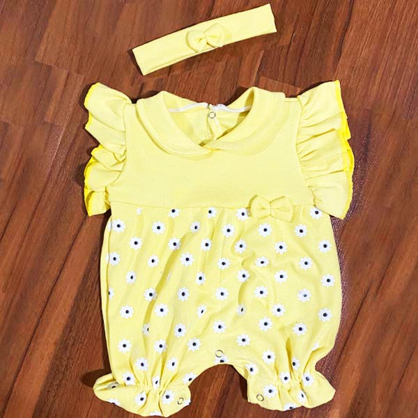 ست سرهمی و هدبند نوزادی مدل گل رنگ زرد