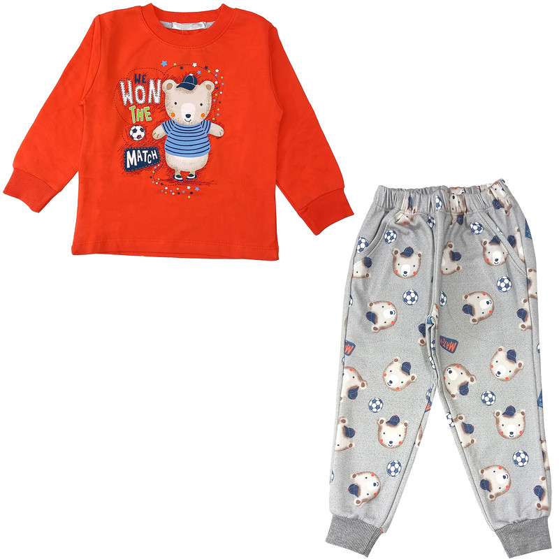 ست تی شرت و شلوار پسرانه مدل خرس فوتبالیست کد 3614 رنگ مرجانی