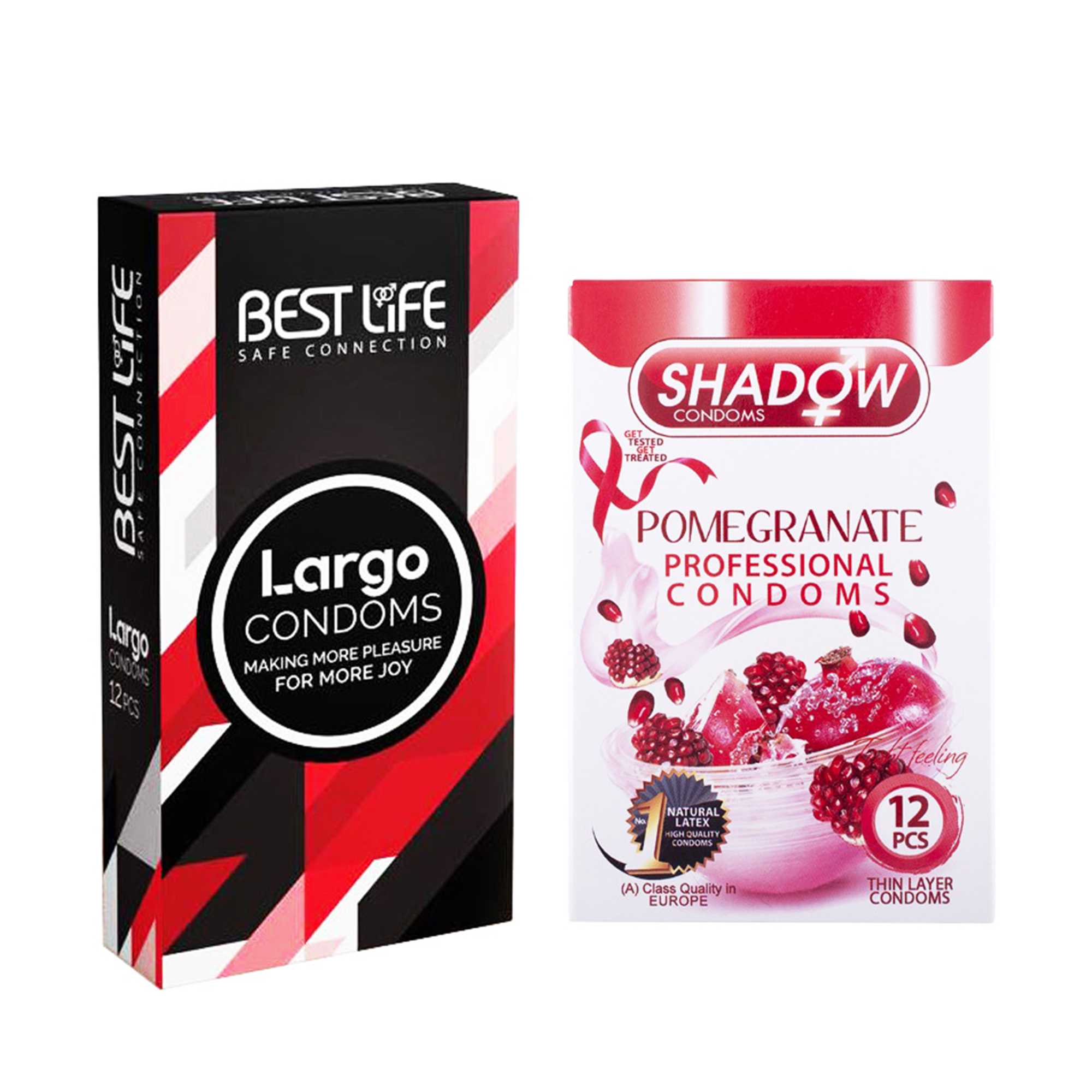 کاندوم بست لایف مدل Largo بسته 12 عددی به همراه کاندوم شادو مدل Pomegranate بسته 12 عددی