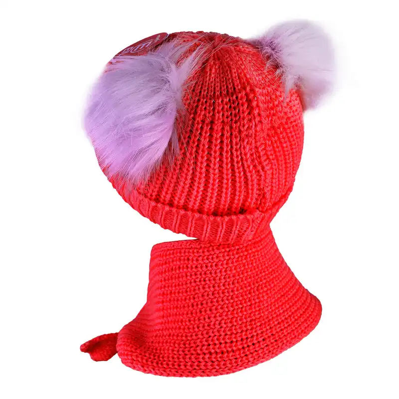 ست کلاه و شال گردن بافتنی بچگانه مدل داخل خز طرح عروسکی رنگ قرمز